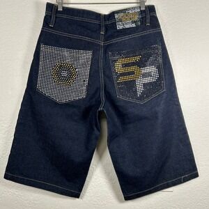 Southpole Denim Shorts Dark Wash Rhinestone Studded Baggy Y2K Size 34